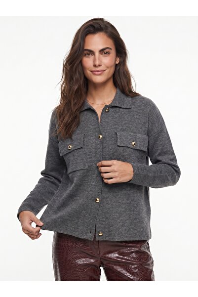 ONLOOX Anthracite Knitwear Textured Shirt Collar Drop Shoulder Gold Button De...