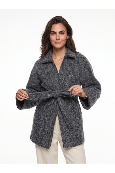 ONLOOX Gray Melted Cashmere Fabric Shirt Collar, Belted Waist Detail, Long Sl...