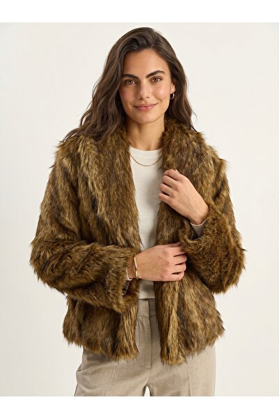 ONLOOX Camel Brown Faux Fur Textured Wide Collar Long Sleeve Premium Flexible...