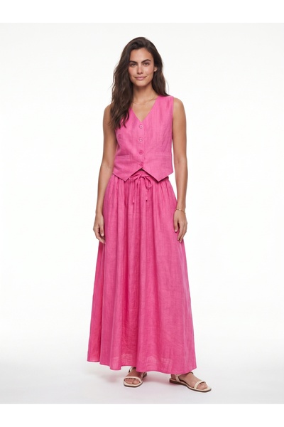 ONLOOX Fuchsia Reyon Blended Fabric V-Neck Flared Cut Skirt Suit with Buttons...