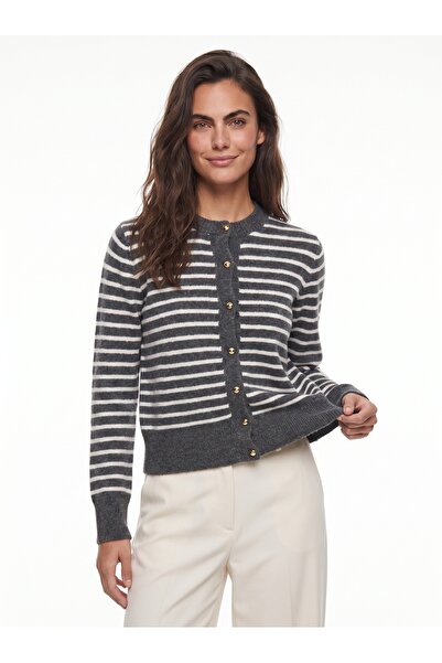 ONLOOX Anthracite Soft Textured Knitwear Crew Neck Thin Striped Gold Button D...