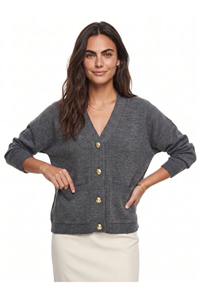 ONLOOX Anthracite Knitwear Textured V-Neck Long Sleeve Buttoned and Pocket De...