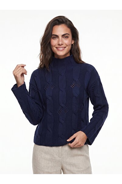 ONLOOX Navy Blue Acrylic Blended Half Turtleneck Hair Knit Patterned Soft Tex...