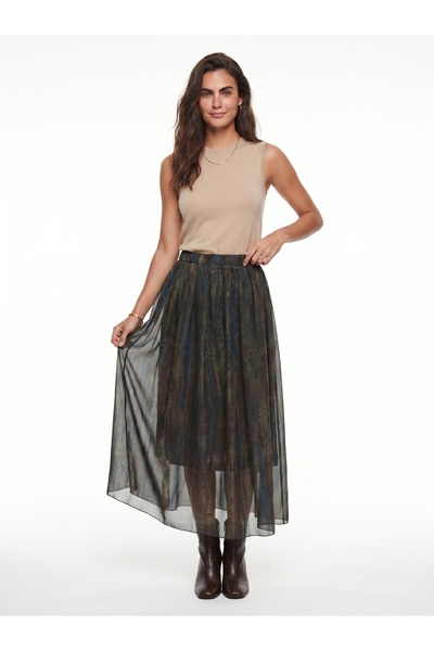 ONLOOX Khaki Blue Chiffon Fabric Skirt with Elastic Waist, Long Patterned Lin...
