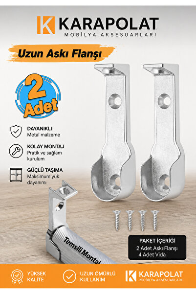 KARAPOLAT Uzun Askı Flanşı Dolap Boru Sabitleme Kıyafet Elbise Askı Flanş Apa...