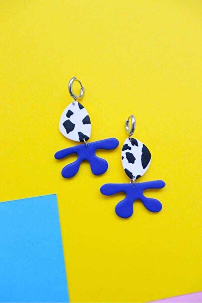 Nina Luz Abstract Cercei din argilă polimerică, Black White Cow Print Blue Da...
