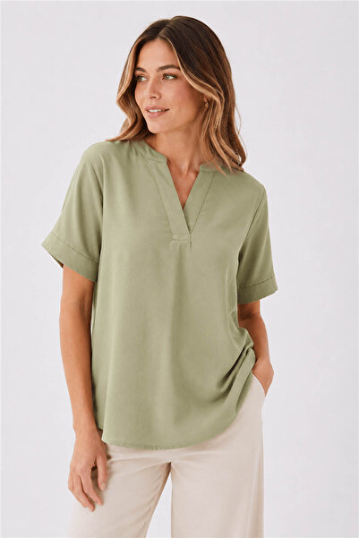 Fashion Friends Short Sleeve Khaki Women's Blouse 26Y0209K1