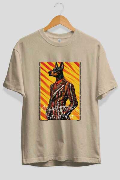 Ankhises For Dog Lovers 36 Front Dog Printed Beige Oversize T-Shirt 100% Cott...