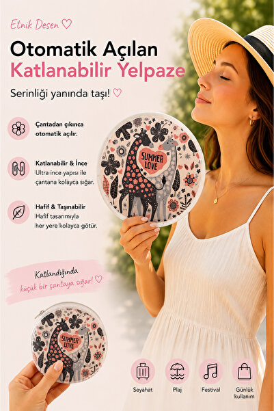 Handalin Zürafa Desenli Otomatik Açılan Katlanabilir Yuvarlak Yelpaze – Çanta...