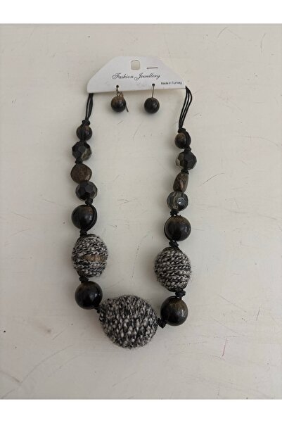 ELUNE İSTANBUL & Milano Textured Bead Detailed Black Necklace & Earrings Jewe...