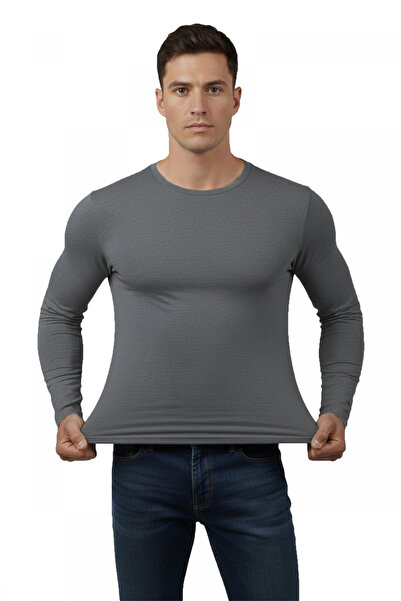 DeepSEA Antrasit Dar Kalıp Likralı %90 Pamuk Erkek Sweatshirt – Vücuda Oturan İnce Penye Sweat 2300423