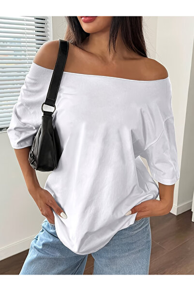 OVER HEAD Tricou de damă cu decolteu drept, fără umeri, 100% bumbac