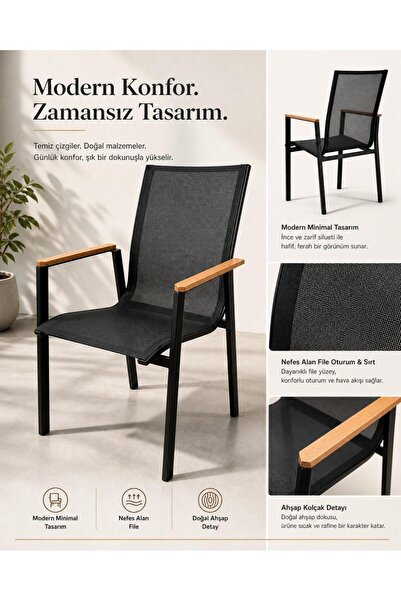 AuraBelle Tekstil Modern Fileli Bahçe Balkon Sandalyesi Ahşah Kolçaklı Siyah ...