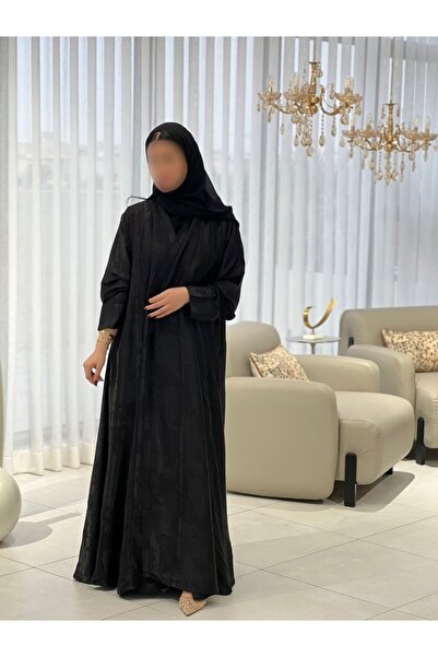 elegant veil عباية حرير أسود مشجر بقصة مقلمة أنيقة - متجر الحجاب الأنيق
