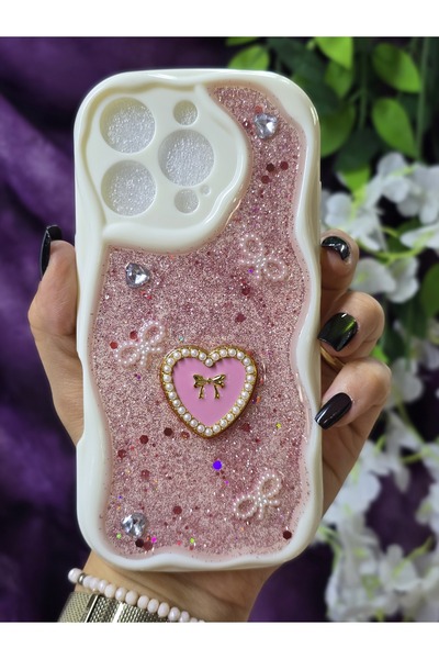 Magic Ring iPhone 16 PRO Uyumlu Kalpli Pembe Simli İnci ve Kurdele Detaylı Şı...