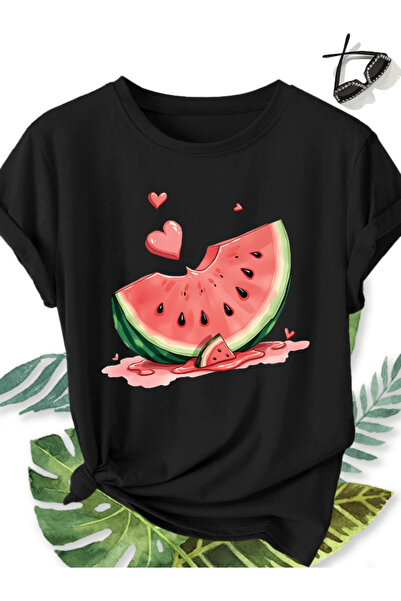 one button Watermelon and heart detail printed premium oversize t-shirt