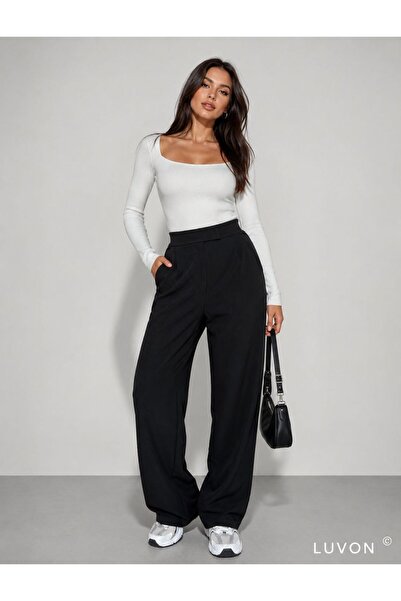 LUVON Black Lycra Velcro Closure Women's Palazzo Trousers