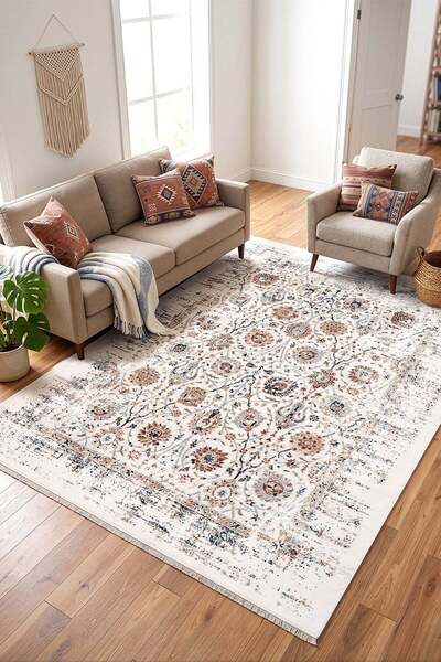 VEJA HOME Bohem Eskitme Etnik Desenli Krem Multi Halı Salon Mutfak Yolluk