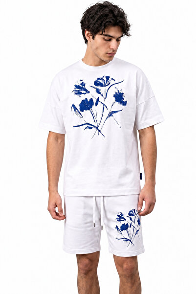 EFFRENATU Men's T-Shirt Shorts Set - Flower Sketch Print White
