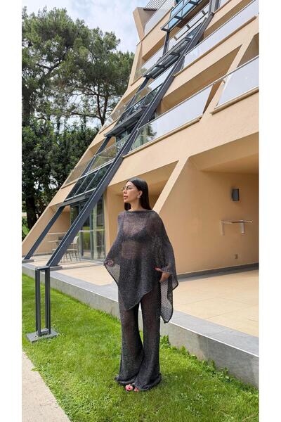 Flarsky Anthracite Asymmetrical Blouse Elastic Waist Pants Glittery Suit Plj