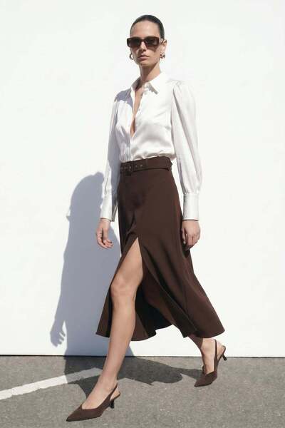 CKM MODA Bloy belted flared skirt with slit detail - coffee