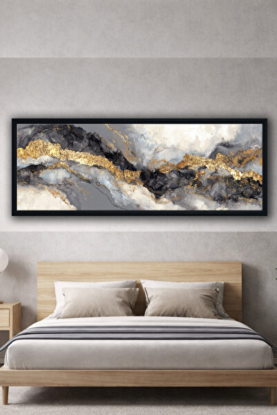 Meteor Gallery Art Modern Soyut Siyah Gri ve Yoğun Altın Yaldız Dokulu Çerçevesiz Panoramik Kanvas Tablo