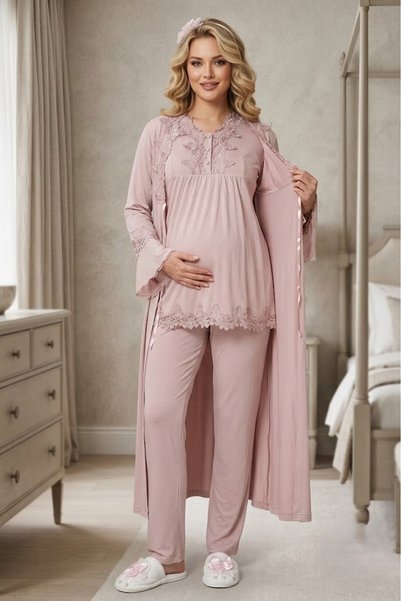 Pelin Women's Powder Lace New Season Special Design Long Sleeve 3-Piece Maternity Pajama Set with Dressing Gown