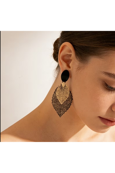1PARÇAMAVİ Non-Perforated Clip-On Women's Earrings - Metal Leaf Women's Earrings