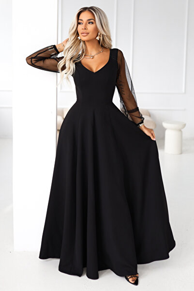 OEM LORETTA Μοναδικό μακρύ φόρεμα με μανίκια και λαιμόκοψη από τούλι - μαύρο ...