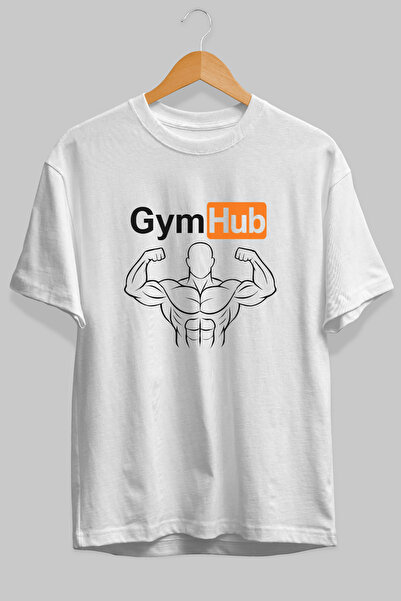 Ankhises Tricou alb cu imprimeu frontal Gym Hub Oversize, 100% bumbac, îmbrăc...