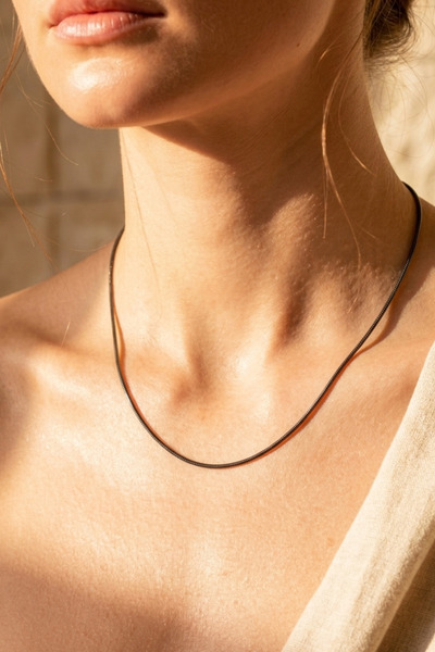 Rua Jewelry Steel Italian Round Snake Necklace 1 mm Black Color |   Anti-Tarn...