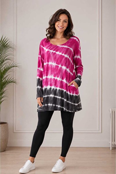 NO BRAND Rochie Lejeră cu Mânecă Lungă și Imprimeu Tie-Dye Fuchsia-Negru, Măr...