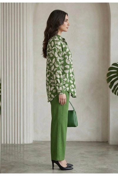 Generic Khaki Patterned Shirt and Solid Trousers Two-Piece Set