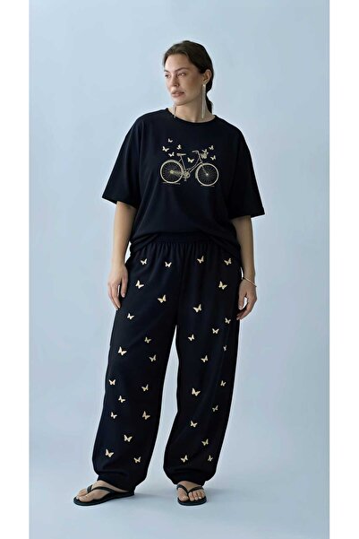 EFFRENATU Plus Size Women's Black Set – Oversized T-Shirt with Butterfly Prin...