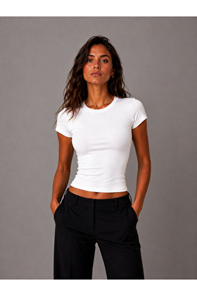 PARSHEY Kadın Baby Tee Bisiklet Yaka Slim Fit Basic Tişört Dar Kalıp Kısa Kol...