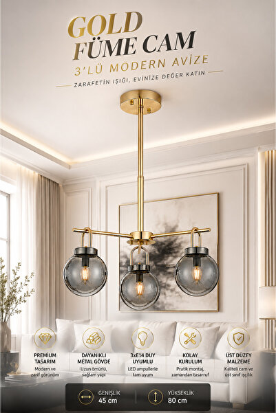 Elvora Home Modern (PREMİUM) Gold Füme Camlı 3'lü Avize Salon Yemek Odası Dek...
