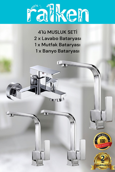 RALKEN 4’lü Batarya Seti Krom Banyo, Mutfak Eviye, Lavabo x 2 Musluğu Kare Gö...