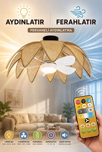 NisaLuce Safir Çift Kat Rattan Vantilatör Avize- Krem Kumaş Kumandalı Tavan V...