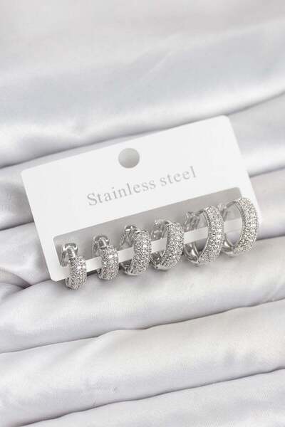 Generic Brand 316L Steel Silver Color Zircon Stone Hoop Earrings Set