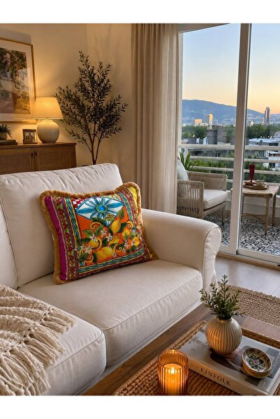 adenkahome PARMA Serisi, Gold Saçaklı Kırlent Kılıfı 43x43cm ( Çift Taraf Bas...