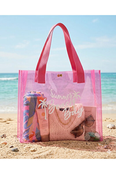 STEPDIAMOND Pembe Kadın Beach Bag Baskılı Şeffaf Yazlık Plaj Omuz Çantası