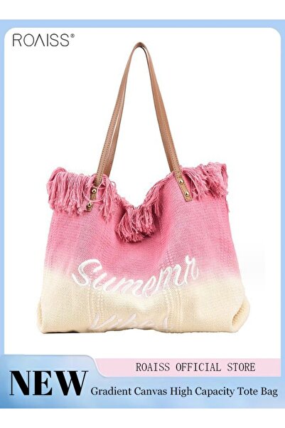 ROAISS Women's Gradient Canvas Tote Bag Tassel Large Capacity Shoulder Bag Fa...