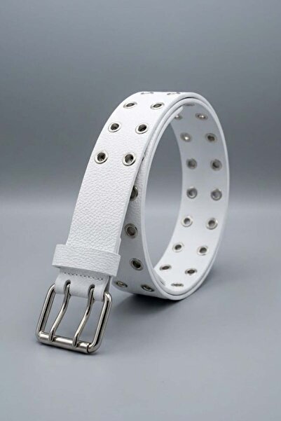 Köstebek White Leather Belt with Eyelet Detail