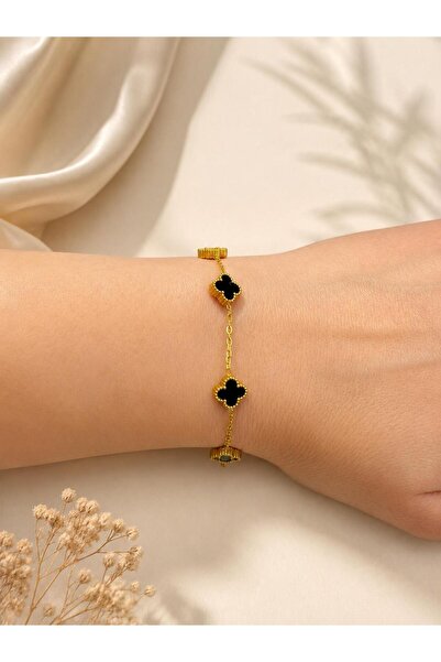 FİORE WOMEN Black Clover Motif Gold Color Stainless Steel Women's Bracelet St...