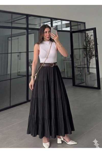 QUAWEAR Fusta încrețită din Tencel, cu talie elastică și curea, stratificată