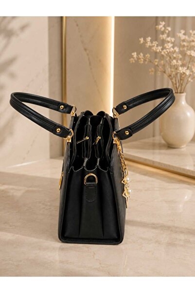 zemihra Set of 2 Women's Five-Compartment Black Bag Combination with Pearl and Star Detail, Bag Wallet Combination, Multi-Compartment Women's Bag, Shoulder Bag
