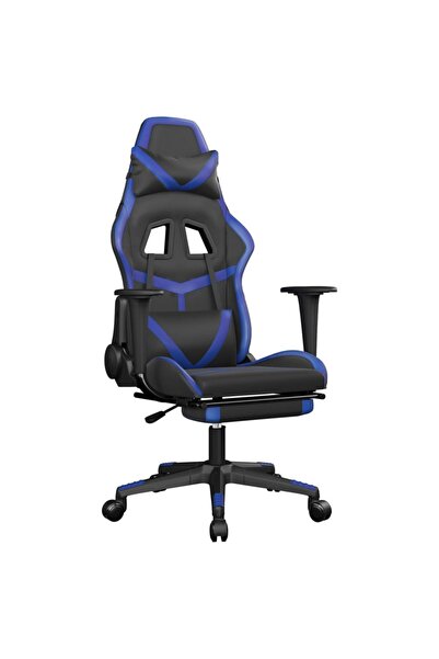 vidaxl Scaun de gaming cu suport picioare, negru/albastru, piele