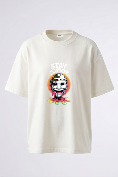 Anetos Tricou oversize alb din bumbac cu imprimeu Anonymous Mask Design pe spate