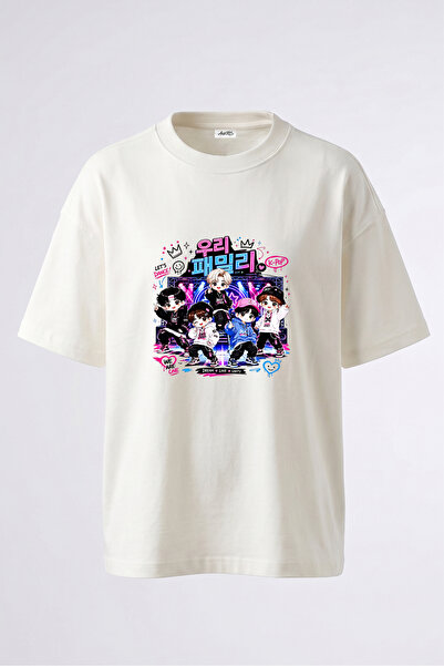 Anetos K Pop Chibi Design Back Printed Cotton White Oversize T-Shirt