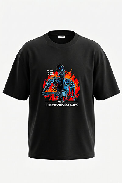 Anetos Terminator Robot dizajn, pamučna crna oversize majica sa otiskom na le...